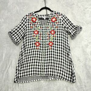 Kyla Seo Blouse S Pullover Floral Embroidered Half Sleeve Gauzy Cotton V neck